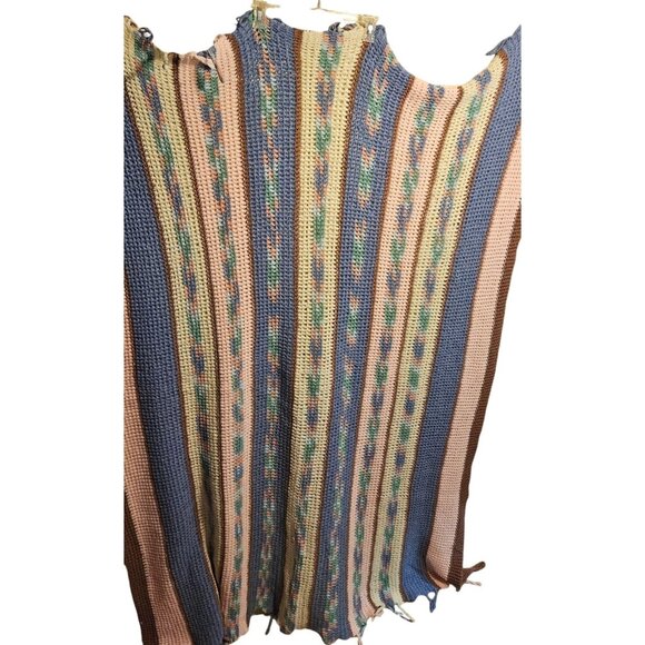 Handmade Multicolor Crocheted Blanket 72" X 78" Boho Style With Fringe - Picture 4 of 9